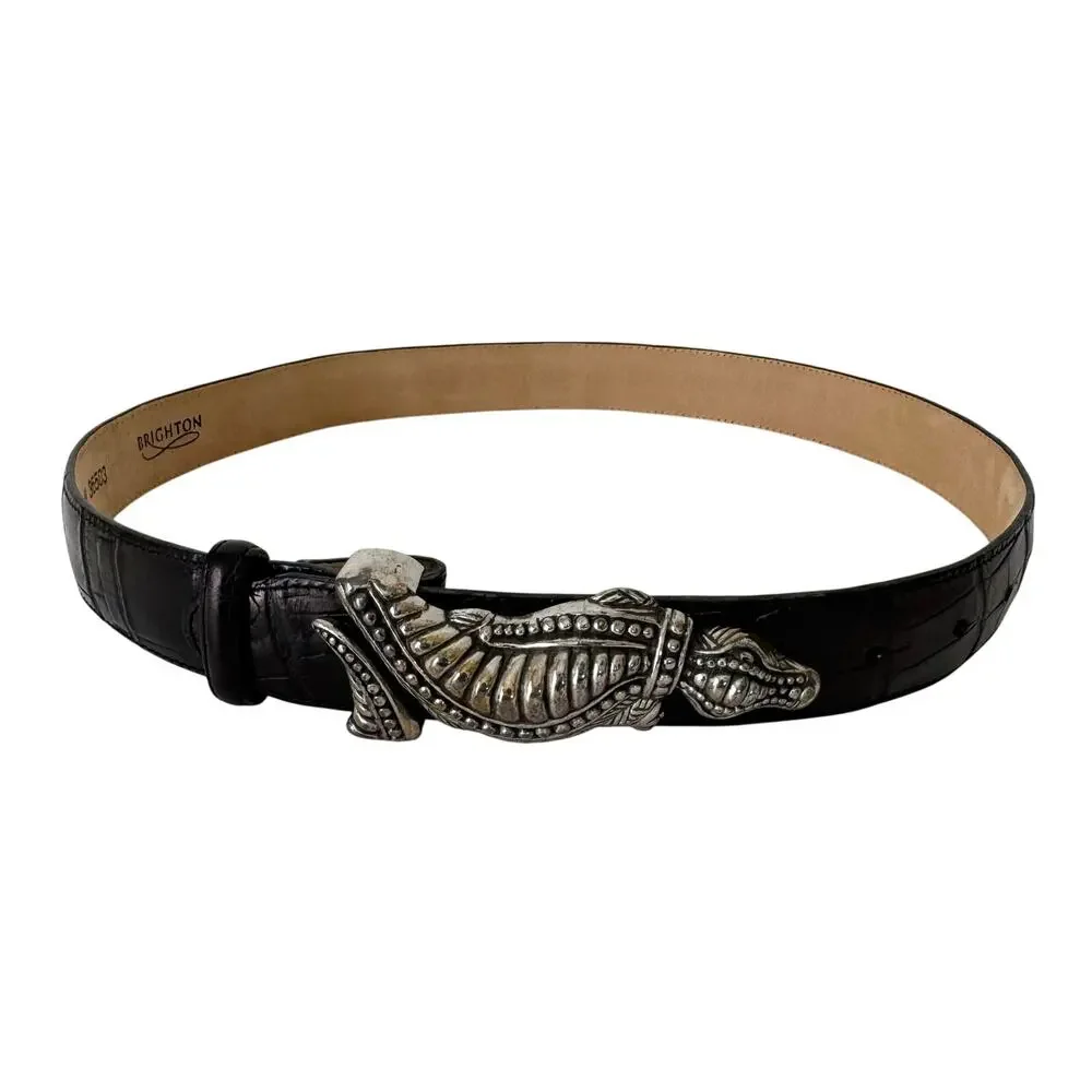 Brighton Western Belt Alligator Buckle Black Croc-Embossed Leather M Vtg 1995